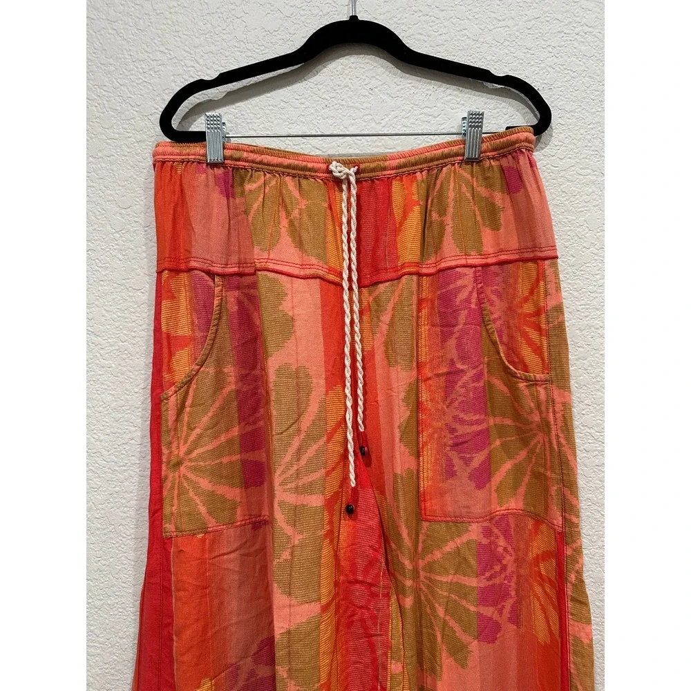 Free People Sunset Floral Wide Leg Pants Orange Red Cotton Linen Blend Medium